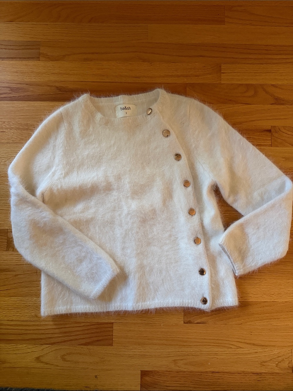 ba&sh Cream Asymmetric Button Fuzzy Crewneck Sweater